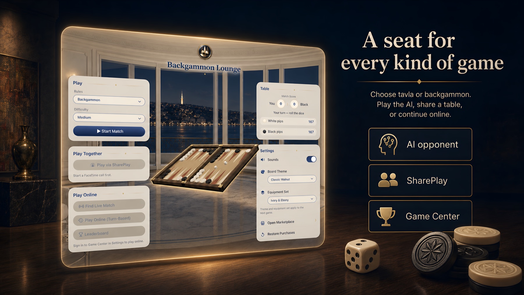 The lounge window beside gold-lined cards for AI opponent, SharePlay, and Game Center, with the headline “A seat for every kind of game”
