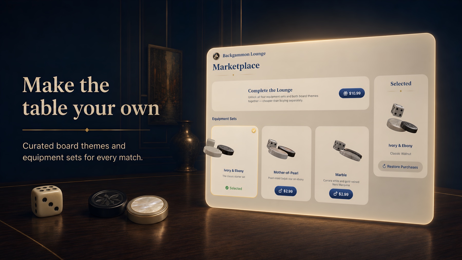 The in-app Marketplace window showing equipment sets — Ivory & Ebony, Mother-of-Pearl, Marble — beside real checkers and a die on a dark walnut table