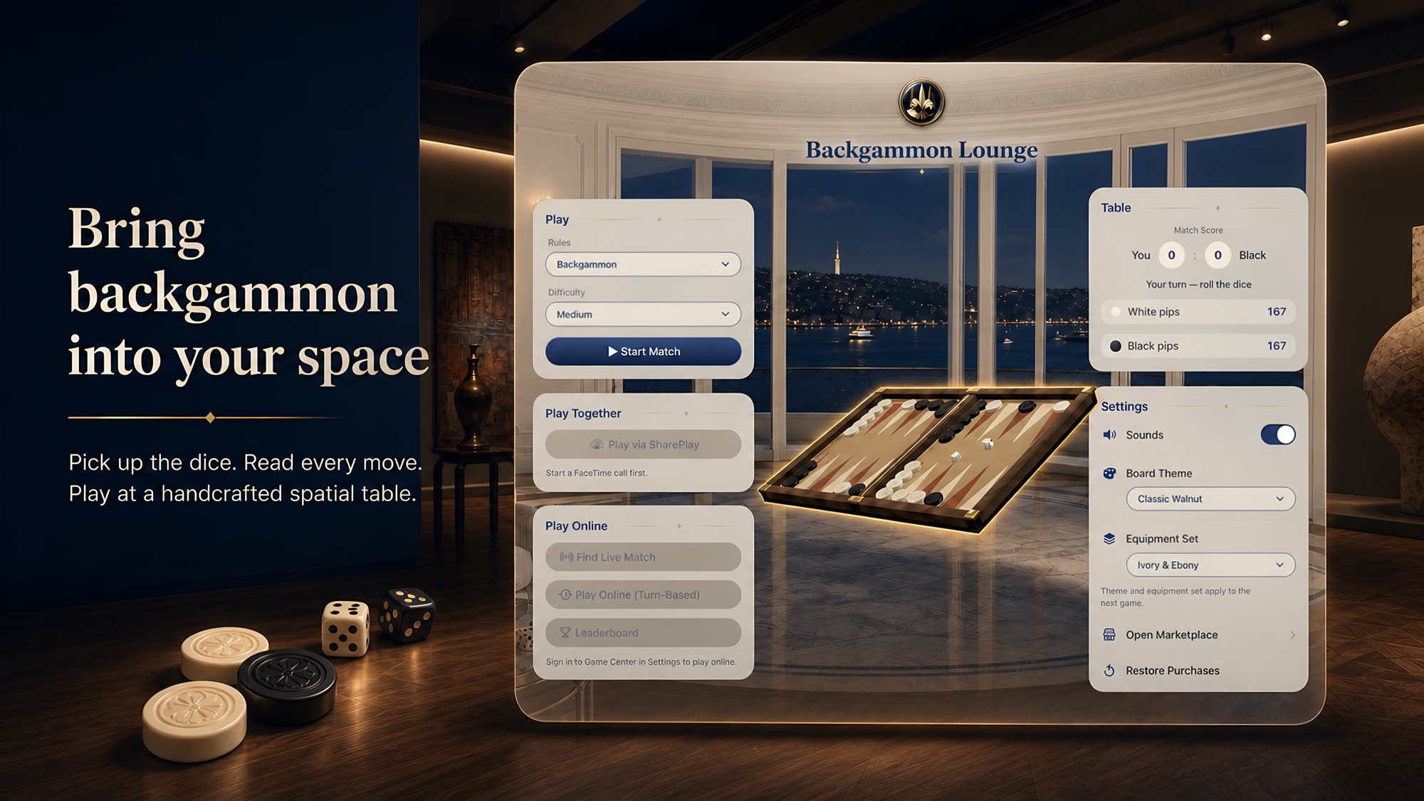 Backgammon Lounge on Apple Vision Pro: the main lounge window with a floating walnut board in a Bosphorus mansion at night, beside the headline “Bring backgammon into your space”